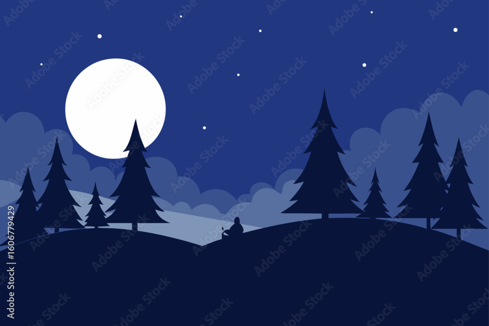 Fototapeta premium Moonlit Landscape Pine Trees Sleigh Silhouette