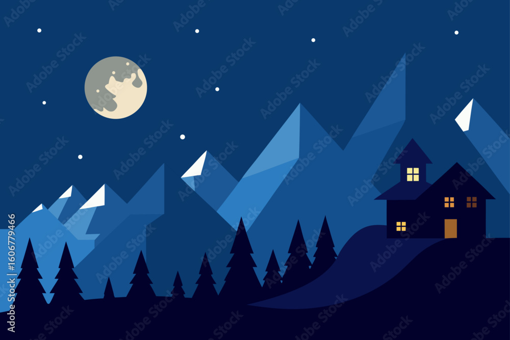 Obraz premium Mountain Village Moon Glow Santa Overhead