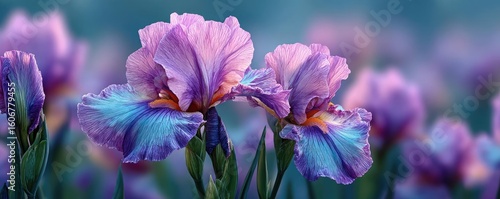 Iris balance in mood with flare concept. Stunning purple irises blooming in a serene garden setting.