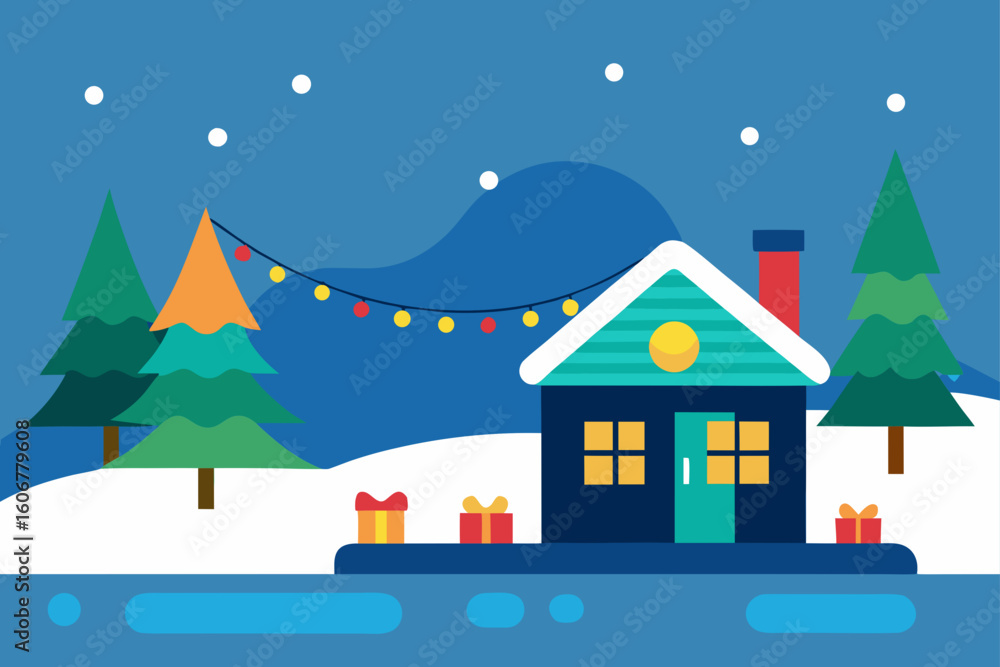 Fototapeta premium Festive Cottage by Winter Lake with Decor