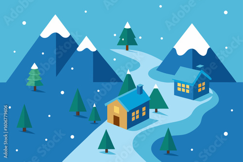 aerial winter village landscape snowy rooftops trees seasonal view