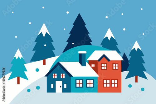 Winter Village with Snowy Rooftops Lights