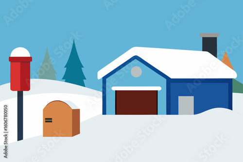 Snow Covered Garage Mailbox Suburban Scene