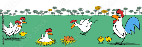 Country scene with chickens and trees in the background.