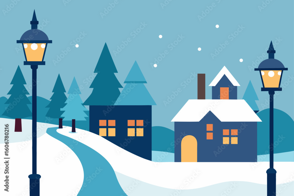 Fototapeta premium Vintage Winter Town with Snow and Lampposts