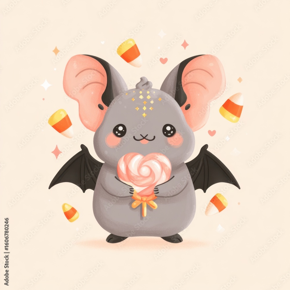 Naklejka premium Kawaii vampire bat enjoying a sweet treat in a festive Halloween atmosphere