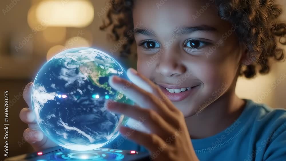 Young boy smiling while interacting with glowing globe Young boy smiling while interacting with glowing globe