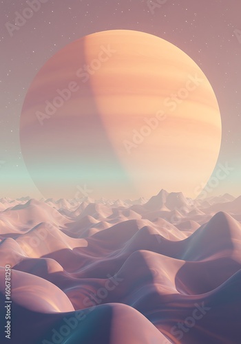 Pastel-toned, digital landscape with a large, orange planet above a range of soft, sculpted mountains.