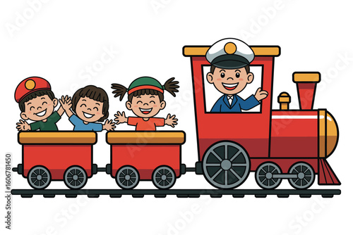 A cartoon illustration of a red train with a smiling conductor and three happy children riding in the cars