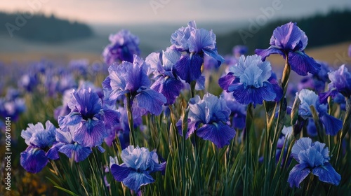 Iris balance in mood with flare concept. Vibrant purple irises blooming in a serene landscape at sunset.