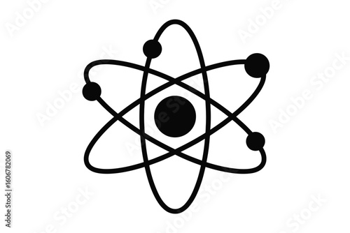 A black and white illustration of an atom with orbiting electrons on a plain white background space