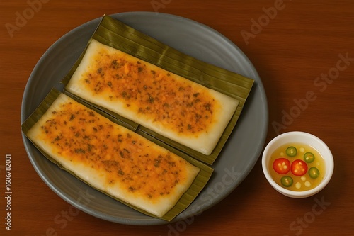 Bánh nậm- steamed flat rice cakes wrapped in green banana leaves and topped with a vibrant layer of finely minced shrimp, shallots, scallions -Vietnamese traditional food from Hue city