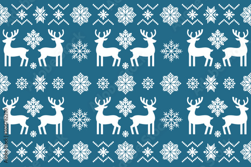 A seamless pattern featuring white reindeer and snowflakes on a blue background in a festive design
