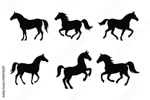A graphic design featuring six black horse silhouettes in different dynamic poses against a white background.