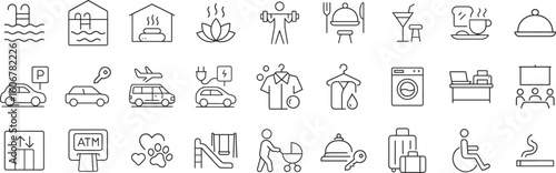Hotel facilities icon set with services like swimming pool, restaurant, gym, and airport shuttle. Comprehensive amenities for guest comfort and convenience in clean line vector illustration.