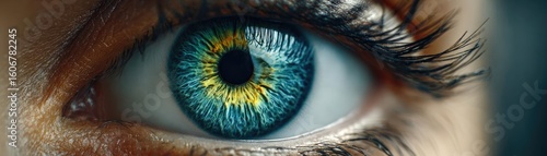 Iris balance in mood with flare concept. Close-up of an eye showcasing vibrant colors and intricate details.