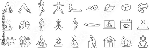 Yoga and mindfulness icon set with poses like tree, warrior, and child pose plus props like mat, strap, and block. Includes wellness concepts and meditation in line vector illustration.
