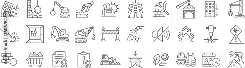 Demolition and construction icon set featuring building teardown, heavy machinery and site safety gear. Includes environmental compliance and permit documentation in detailed line vector illustration.
