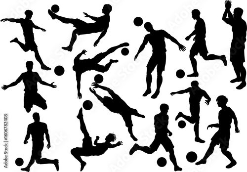 Soccer football player male silhouette outlines men group set