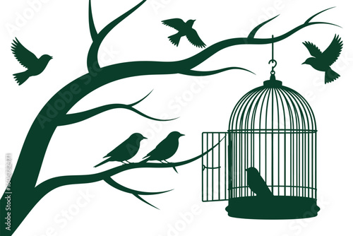 A silhouette of a tree with birds and a birdcage hanging from a branch with a bird inside it