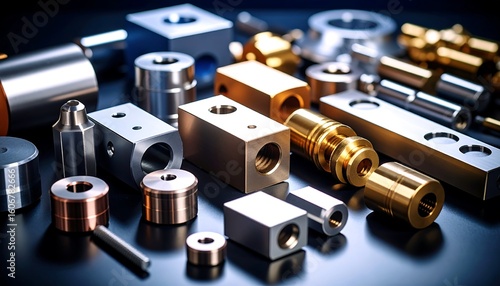 Assorted metallic components on a dark surface