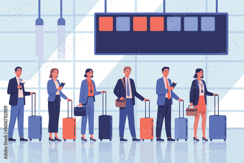 People waiting in line at the airport with luggage under a flight information display system board