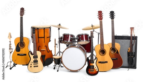 Assorted musical instruments on white background
