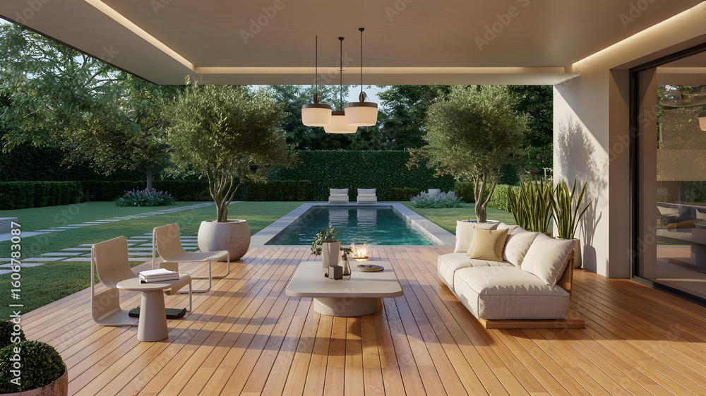 Fototapeta premium Spacious veranda of luxury villa overlooks landscaped garden and serene infinity pool. 