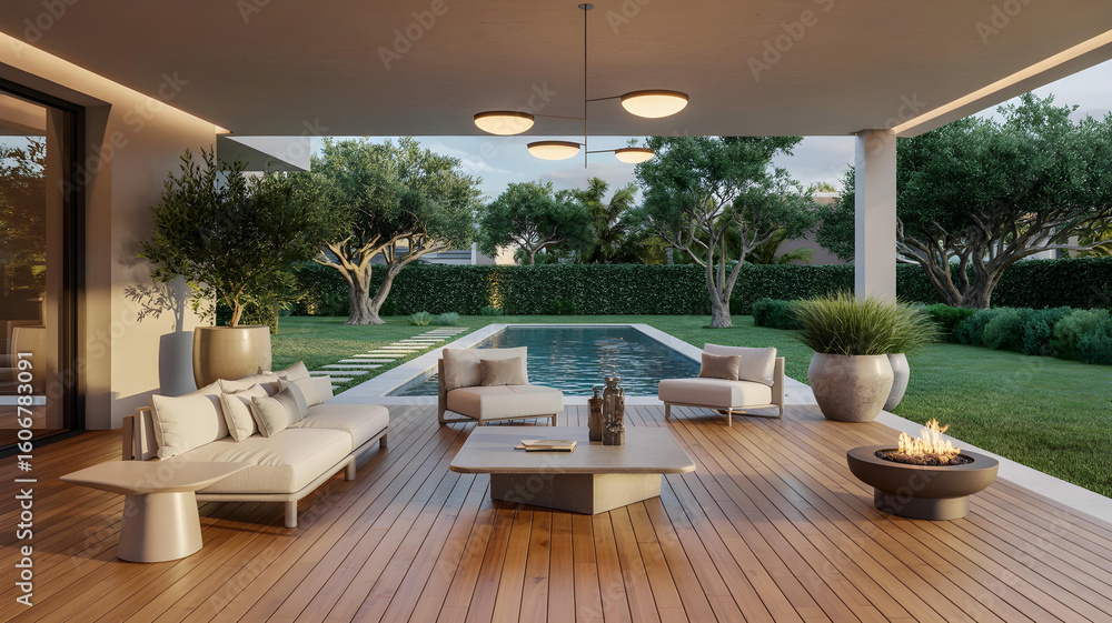 Fototapeta premium Spacious veranda of luxury villa overlooks landscaped garden and serene infinity pool. 