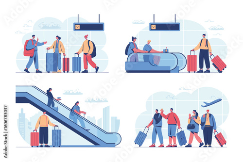 Illustration showing people with luggage in an airport setting with escalators and plane taking off