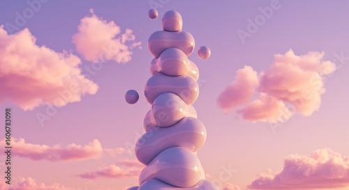 Abstract pastel-colored stack of smooth, sculpted forms against a soft, pink-hued sky with clouds.