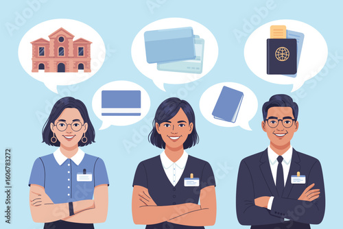 Three people with thought bubbles above their heads showing building cards books and a passport image