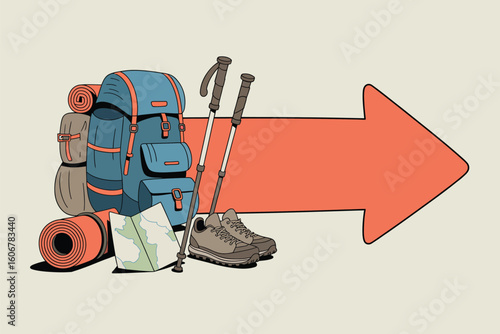 Illustration of hiking gear including a backpack, map, shoes, and trekking poles with arrow pointing right