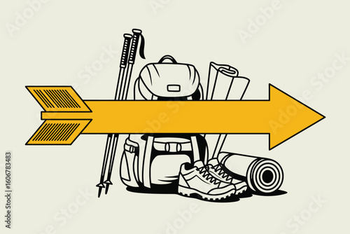 Illustration of hiking equipment with backpack trekking poles and shoes with an arrow pointing right