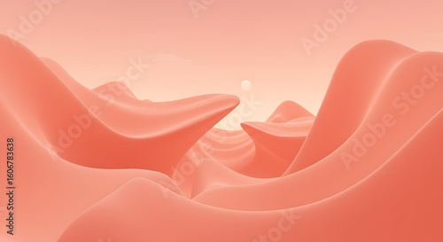 Abstract coral-toned landscape; smooth, undulating hills form a surreal valley under a pale sun.