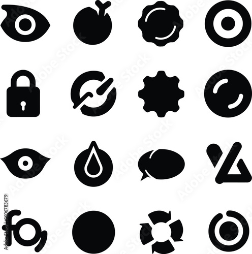 A curated collection of diverse flat vector icons featuring abstract shapes, a camera, orange fruit, musical notes, eyes, a lock, a refresh symbol, and more, alongside stylish women's coats in black.