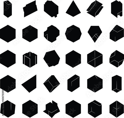 Assorted abstract black 3D geometric shapes vector set on a white background, featuring a variety of polyhedral and cubic forms for modern graphic design, branding, and minimalist background patterns.