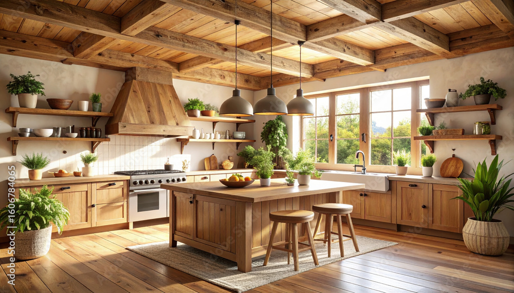 Fototapeta premium Warm and inviting kitchen featuring wooden cabinets, large island, and natural light streaming through windows. space is adorned with plants and rustic decor, creating cozy atmosphere
