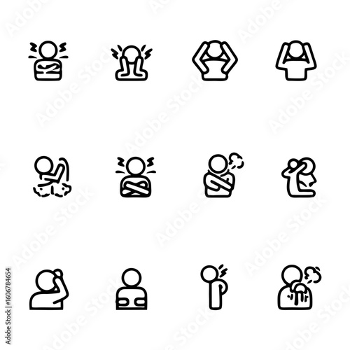 Sick and symptoms injuries silhouette icons flat line design. Line icon. Black icon