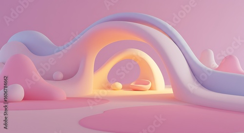 Abstract pastel-colored 3D scene with smooth curves and soft lighting.