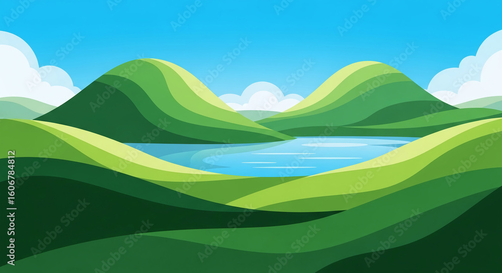 Fototapeta premium Stylized illustration of green hills and blue lake under a bright blue sky, representing serenity, nature, and peace, ideal for travel or environmental themes