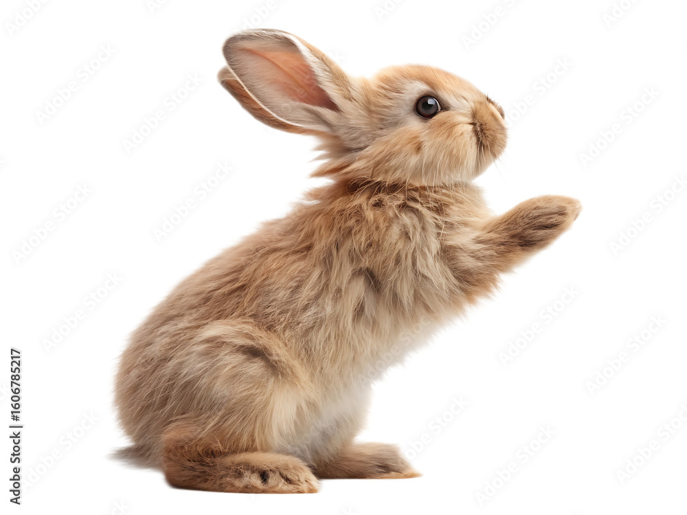 Obraz premium A light brown bunny standing on its hind legs with its paw raised against a black background