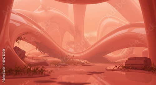 Surreal, organic, red landscape; smooth, flowing forms enclose a desolate, overgrown space.