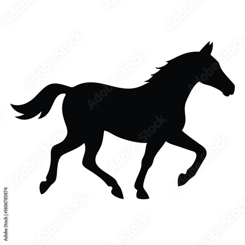 Silhouette of a horse in motion against a white background