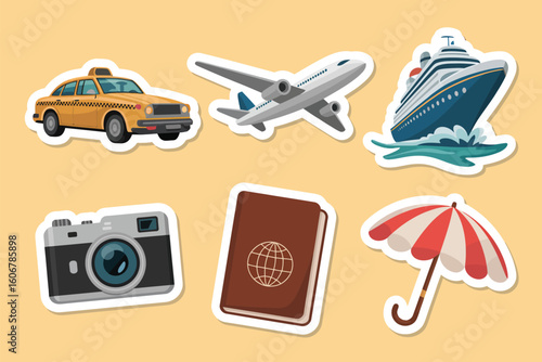 A collection of travel themed stickers including a taxi airplane cruise ship camera passport and umbrella
