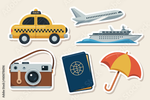 Illustration of travel icons including a taxi plane cruise ship camera passport and umbrella on a light background