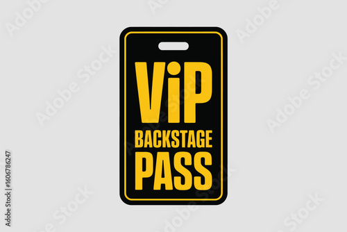 A black vip backstage pass with yellow text and a hole punch on a light gray background in a studio shot