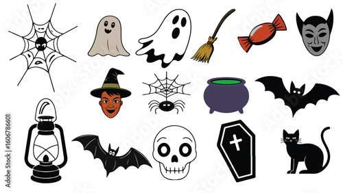 Various halloween themed cliparts on white background