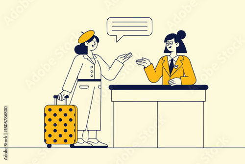 Illustration of a woman checking in at a hotel reception desk with a receptionist in a yellow suit