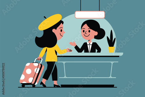 A woman with a suitcase checks in at the hotel reception desk with a friendly receptionist smiling back